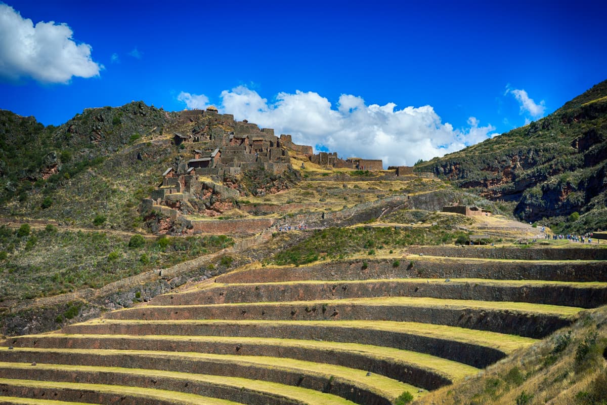 Inca terraces climbing a hillside in the Sacred Valley